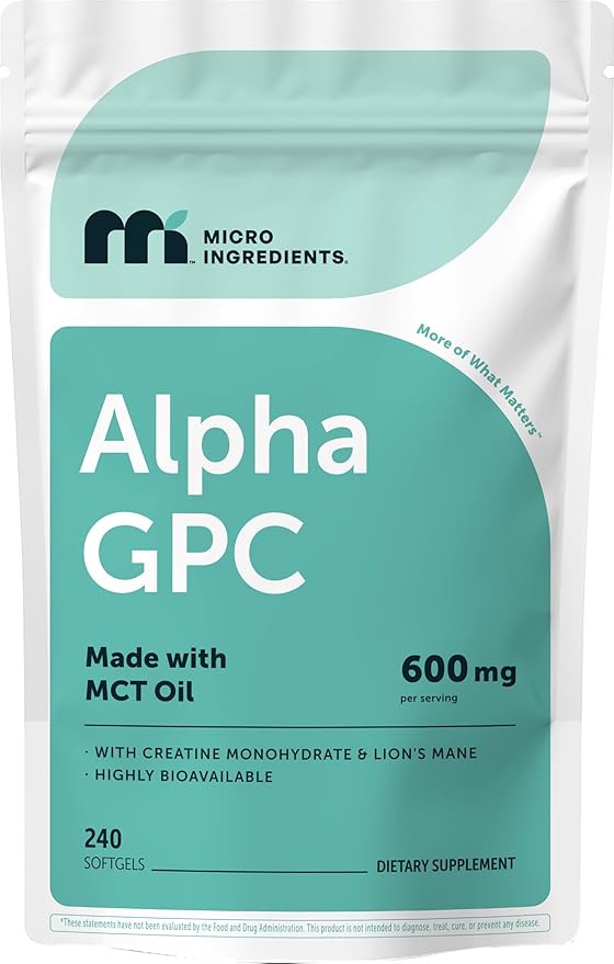 Micro Ingredients Alpha GPC 600mg per Serving with MCT Oil 240 Softgels – Bioavailable Choline Supplement with Creatine Monohydrate &amp Lion’s Mane – Non‑GMO cGMP Manufactured