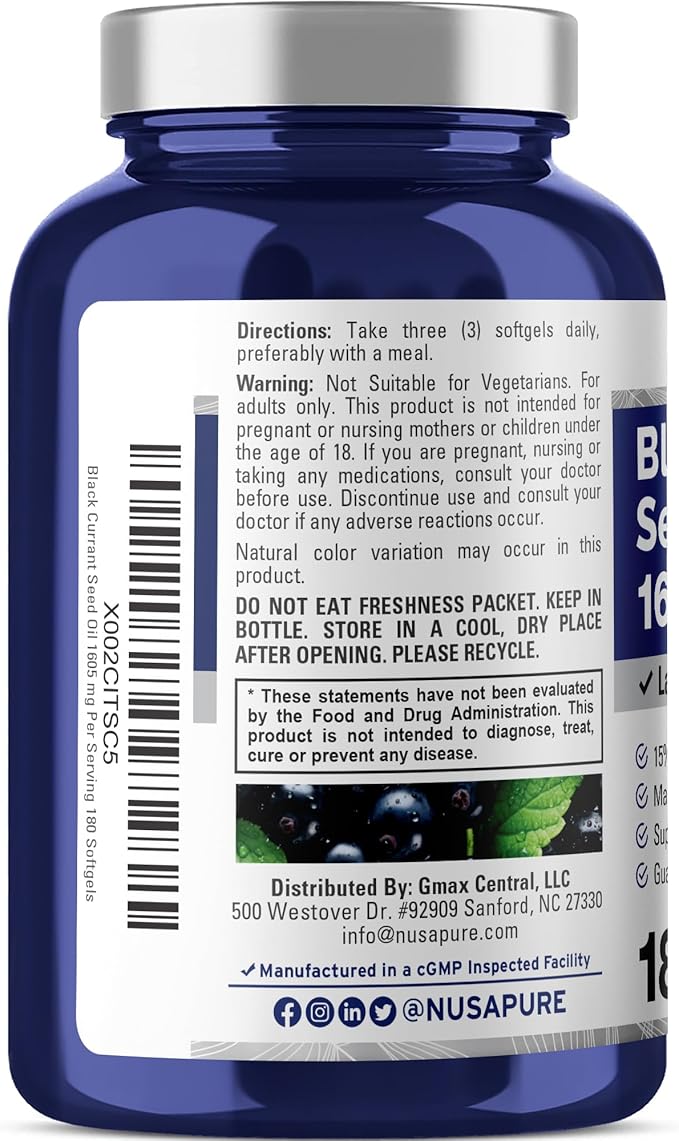 NusaPure Black Currant Seed Oil 1605 mg Gamma Linoleic Acid (GLA) 15% 180 Softgels (Non-GMO Soyfree)