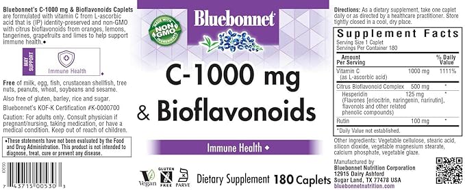 Bluebonnet Nutrition C-1000 mg Plus Bioflavonoids Caplets Vitamin C 1000 mg Citrus Bioflavonoids 500 mg for Immune Health Soy Free Gluten Free Non-GMO Kosher Dairy Free Vegan 180 Caplets