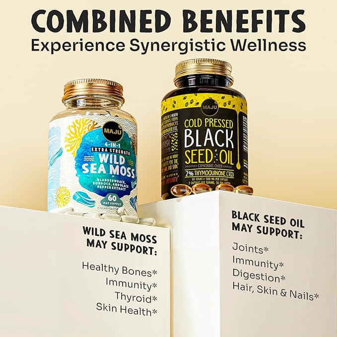 Maju Superfoods 4-in-1 Sea Moss Capsules and Black Seed Oil Capsules Bundle