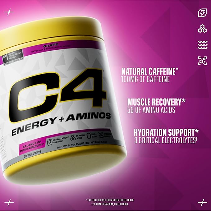 C4 Energy + Aminos Powder 5g BCAAs &amp EAAs for Muscle Recovery 3 Electrolytes for Hydration 100mg Natural Caffeine Pre Workout Zero Sugar 30 Servings Grape