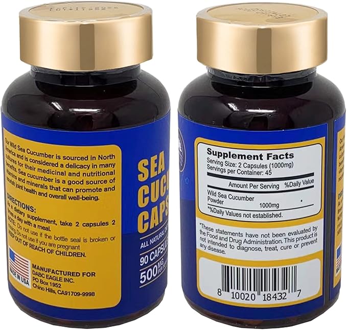 Sea Cucumber Wild Caught Capsules Sea Cucumber Natural Extract Supplement Super Natural Antioxidant Immune Builder Promoting Joint Health &amp Mobility - 90 Capsules 500mg