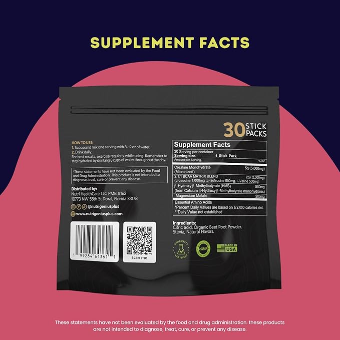 Nutri Genius Creatine Monohydrate 5g Stick Packs | BCAA 2:1:1 + HMB Pre &amp Post Workout Supplement | Muscle Energy Strength &amp Recovery | 30 Servings