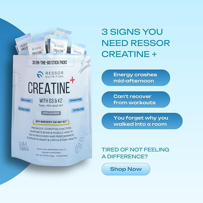 Ressor Creatine Monohydrate Powder for Men and Women 5g Micronized Creatine Travel Packs with Vitamin D3 2400 IU and Vitamin K2 120mcg