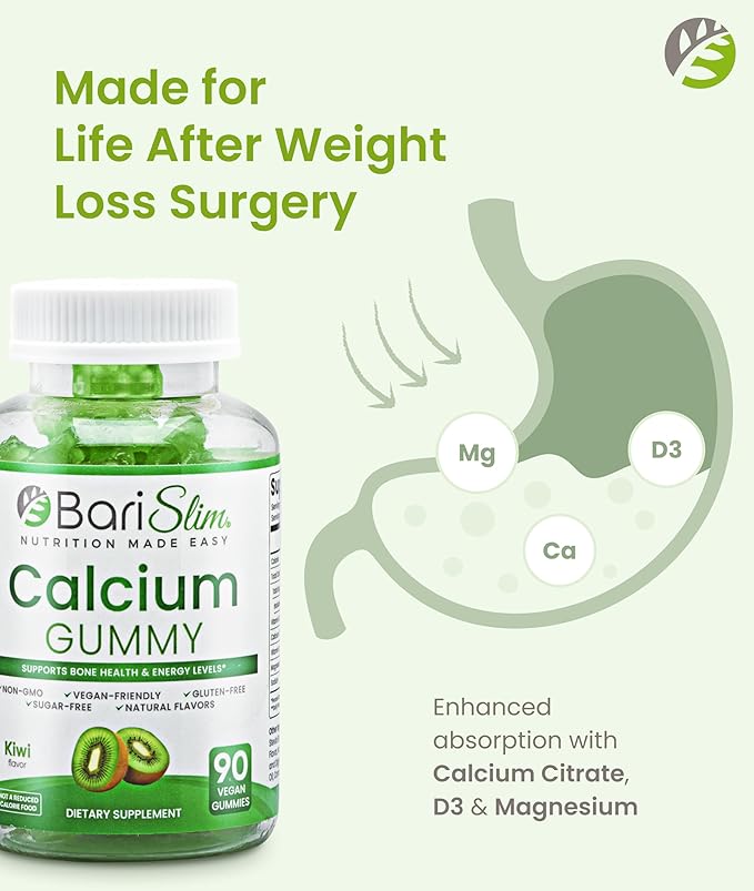 BariSlim Bariatric Calcium Gummies - Specially Formulated Bariatric Vitamins for Patients After Weight Loss Surgery - Supports Energy Levels &amp Bone Health | Kiwi (90 Vegan Gummies)