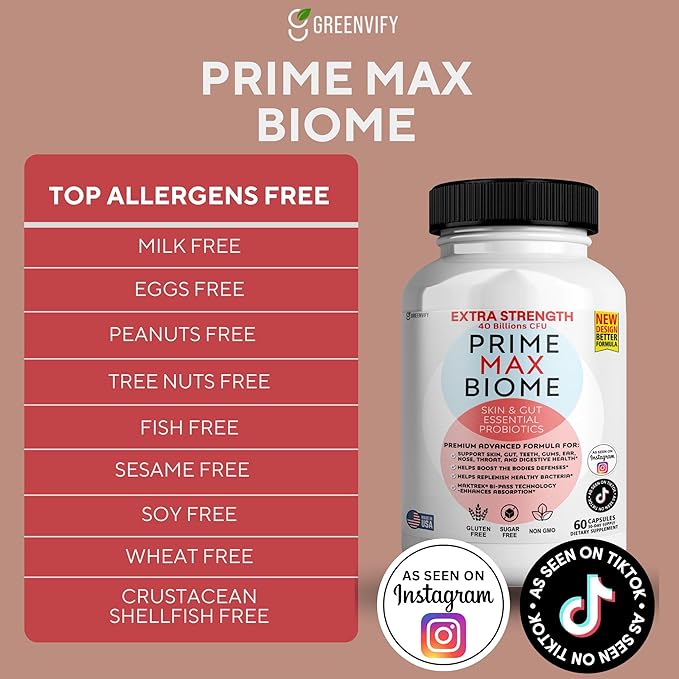 Prime Max Biome Probiotics 40 Billion CFU – Extra Strength Skin &amp Gut Support with MAKTrek® Bi-Pass Technology – 4 Strains + Prebiotics – Non-GMO Gluten-Free 60 Capsules (3)