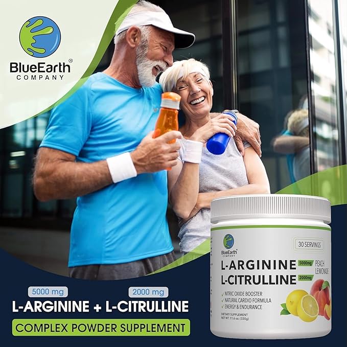 L-Arginine 5000mg + L-Citrulline 2000mg Complex Powder Supplement - Nitric Oxide Booster - Heart Health Blood Flow Energy &amp Endurance - 30 Servings (Peach Lemonade)