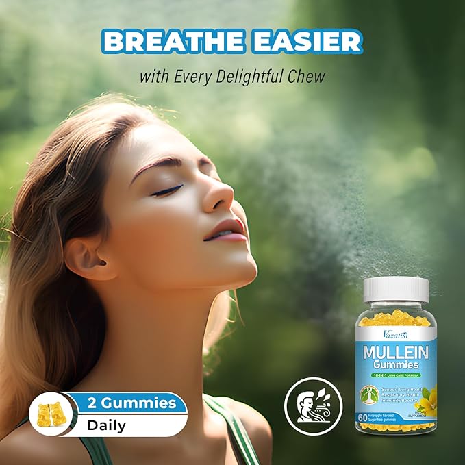 Mullein Gummies Mullein Leaf Extract for Lungs Gummies with Bromelain Quercetin Magnesium - Lung Detox &amp Cleanse Pineapple Flavor 120Cts