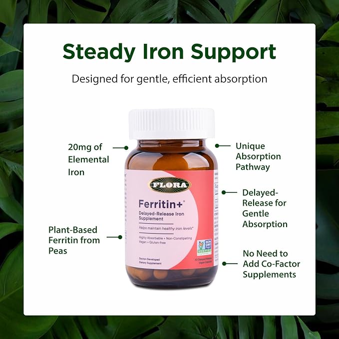 Flora Ferritin+ Delayed-Release Iron Supplement - Plant-Based Iron Supplement - Blood Cell &amp Energy Support - Vegan &amp Gluten-Free - Amber Glass Bottle - 60 Vegan Capsules