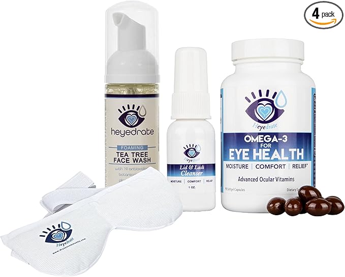 Heyedrate Triglyceride Omega 3 Fish Oil Heated Eye Mask Lid and Lash Cleanser Foaming Tea Tree Face Wash Bundle for Eye Health Provides Relief for Irritated Eyes