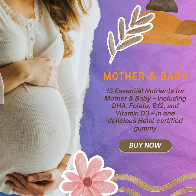 Halal Prenatal Multivitamin Gummies with DHA &amp EPA from Fish Oil – Support for Mom &amp Baby Health | 60 Gummies – Halal Certified Made in USA