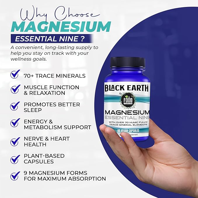 The Food Movement Co. Black Earth Magnesium Essential Nine - Magnesium Glycinate Citrate Malate and More - 9 Bioactive Forms for Optimal Health (60 Count)