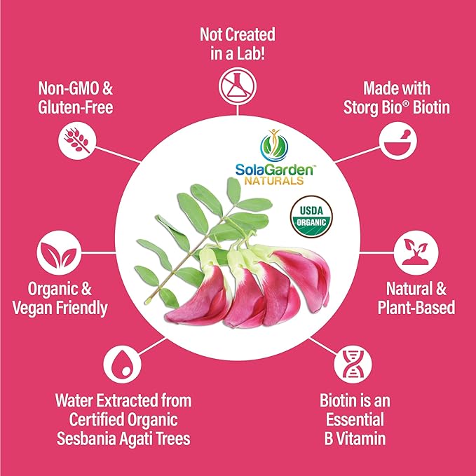 USDA Organic Whole Food Biotin Supplement Made with Plant-Based Biotin from Sesbania Agati Trees by SolaGarden Naturals 60 Non-GMO Vegan Capsules Supports Hair Skin and Nails Made in USA