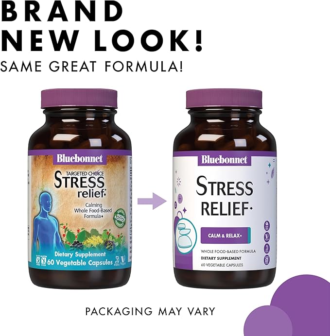 BlueBonnet Targeted Choice Stress Relief Whole Food Based Ashwagandha Extract L-Theanine Lemon Balm Rhodiola Relaxing Calm Mood Supplement for Women &amp Men - Non-GMO Vegan - 60 Vegetable Capsul