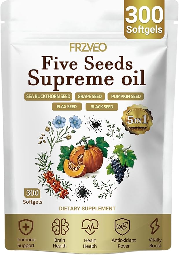Five Seeds Supreme Oil 300 Softgels | 5 in 1 Pumpkin Seed Oil Pure Sea Buckthorn Grape Flax Black Seeds | Cold Pressed Supports Hair Urinary Bladder &amp Prostate Health