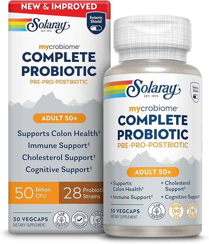 SOLARAY Mycrobiome Complete Probiotic Adult 50 Plus - Pre and Probiotics for Women and Men Plus Postbiotic - 50 Billion CFU 28 Strains - Vegan - 30 Servings 30 VegCaps