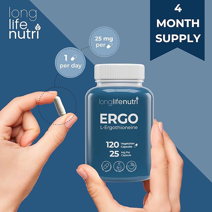 L-Ergothioneine 25mg - 120 Vegetarian Capsules 4-Month Supply Antioxidant Supplement for Wellness Routine GMP Certified Made in USA
