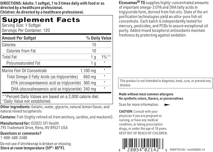 Klaire Labs SFI Health Eicosamax TG Fish Oil Pills with EPA/DHA - Omega-3 Fatty Acids to Support Brain &amp Heart Function - Natural Lemon Flavor to Help Reduce Fishy Burps or Aftertaste (120 Softgel