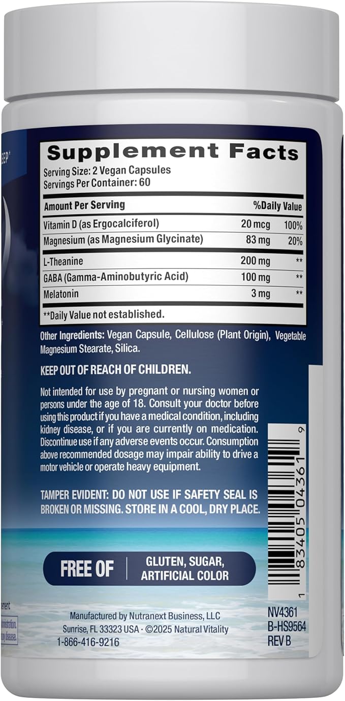 Natural Vitality Calm Sleep Capsules | Magnesium with Melatonin L-Theanine &amp GABA Supplement | for a Good Night's Sleep | Non-GMO Gluten Free &amp Vegan | 120 Count