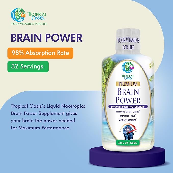 Tropical Oasis - Brain Power | Liquid Nootropic Supplement - Promotes Mental Clarity Focus and Memory Retention (Unflavored 32 Servings)