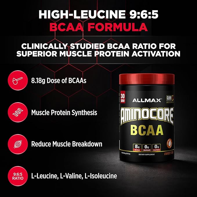 ALLMAX AMINOCORE BCAA Powder for Workout Muscle Recovery &amp Increased Endurance - Sugar Free No Fillers 8.18 Grams Bcaas Amino Acids B Vitamins for Women and Men - 30 Servings | Sweet Tea 345g