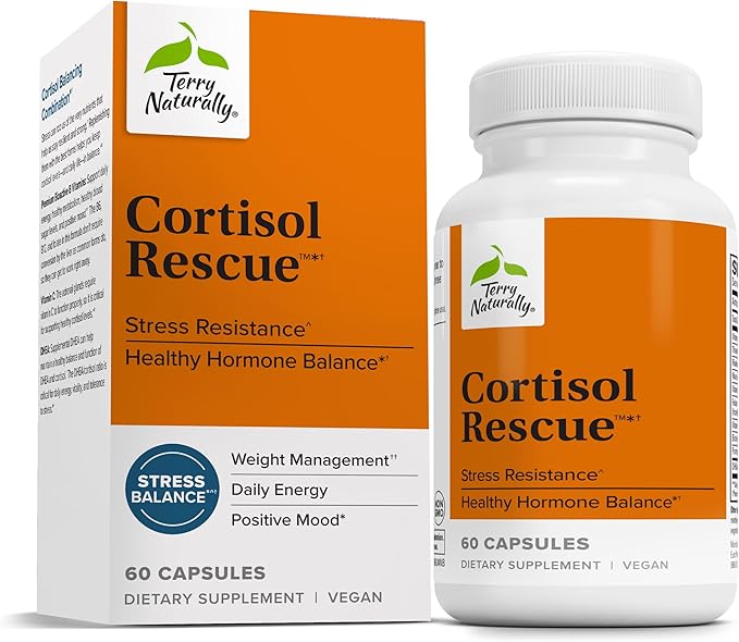 Terry Naturally Cortisol Rescue - Stress Response Support with Vitamin C &amp Bioactive B Vitamins - Adrenal Health &amp Energy Support Supplement - 60 Capsules (60 Servings)