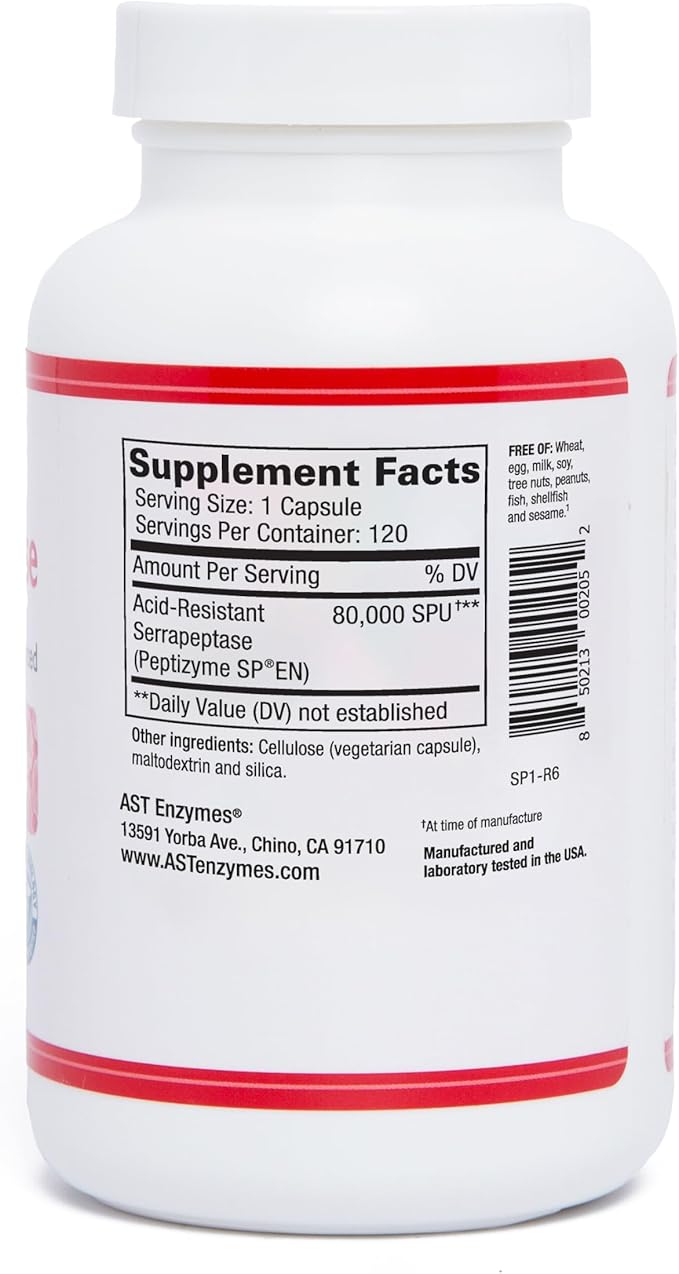 AST Enzymes Serrapeptase 80000 SPU – 120 Vegetarian Capsules - Premium Natural Systemic Enzymes – Acid-Resistant Serrapeptase