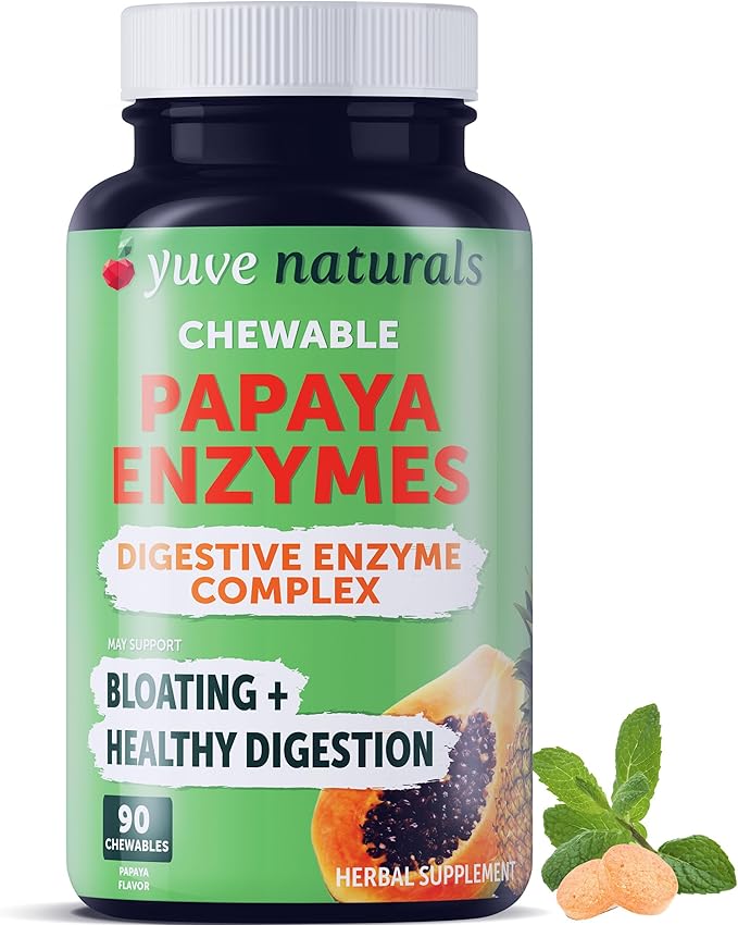 Yuve Naturals Chewable Papaya Enzymes - Sugar-Free Plant-Based Digestive Enzyme Complex for Gas Bloating &amp Post-Meal Comfort - Vegan Non-GMO Gluten-Free - 90ct