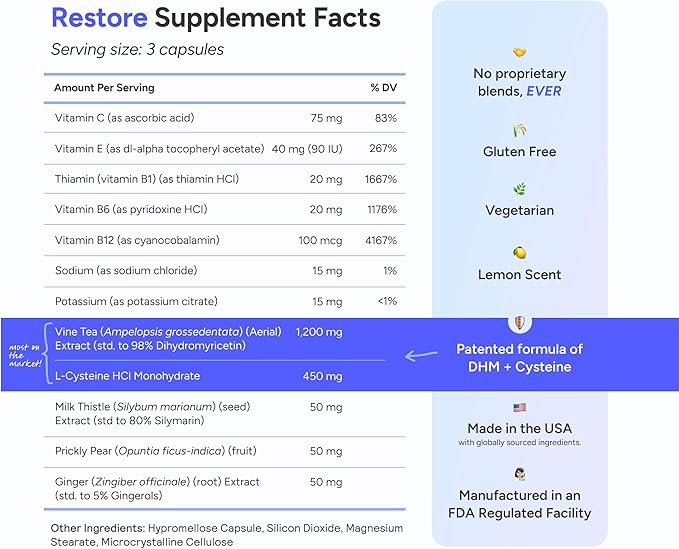 Cheers Restore | Supplement with DHM + L-Cysteine | Feel Better After Drinking &amp Support Your Liver | 24 Doses | Dihydromyricetin Cysteine Prickly Pear B-Vitamins Ginger