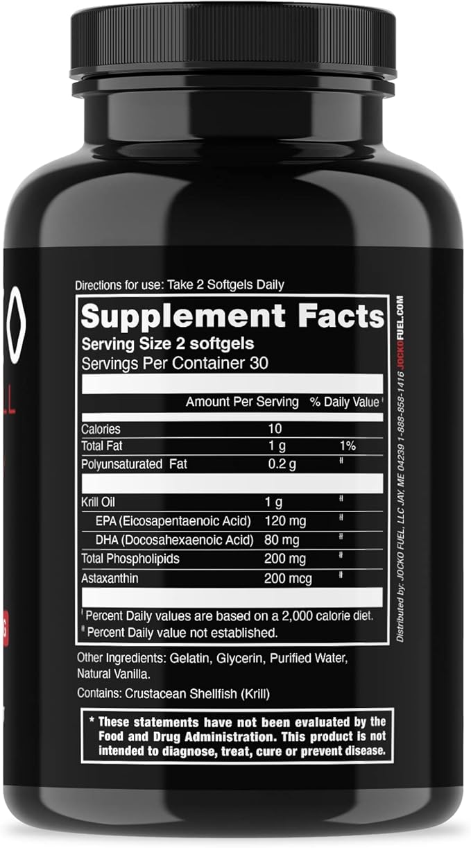 Jocko Fuel Antarctic Krill Oil Omega 3 Fatty Acid Supplements DHA &amp EPA - 1000mg Softgels - Supports Joints Mobility &amp Mental Function (60 Softgels)