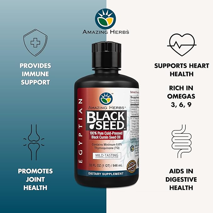 Amazing Herbs Egyptian Black Seed Oil - Gluten Free Non GMO Cold Pressed Nigella Sativa Aids in Digestive Health Immune Support Brain Function Mild Flavor - 32 Fl Oz