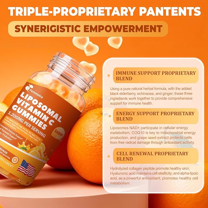 Liposomal Vitamin C Gummies for Adults 1200mg Chewable Vitamin C Supplement with Elderberry Zinc Iron &amp Folate etc - for Immune Support Energy &amp Cell Health Sugar Free Orange Flavor 60 G