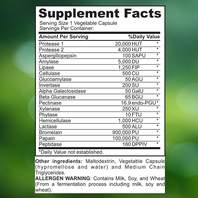Digest Matrix with 18 All-Natural Enzymes. Breakdown Carbs Protein Fiber &amp Lactose Bloating Relief Aids Digestion Comfort. Non-GMO Vegetarian 60 Capsules