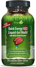 Irwin Naturals Quick Energy RED Liquid-Gel Multi with Nitric Oxide Booster - 72 Liquid Softgels - with Nitric Oxide Booster Turmeric Brown Kelp Maca &amp Beet Root