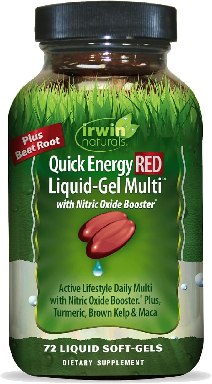 Irwin Naturals Quick Energy RED Liquid-Gel Multi with Nitric Oxide Booster - 72 Liquid Softgels - with Nitric Oxide Booster Turmeric Brown Kelp Maca &amp Beet Root