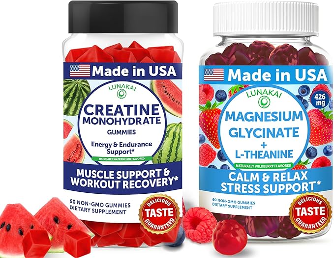 Lunakai USA Made Creatine &amp Magnesium Gummies Bundle – Recovery &amp Calm Support – 60 Non-GMO Gummies Eac
