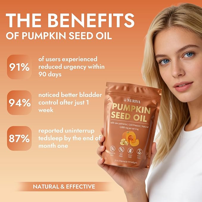 NURIVA Pumpkin Seed Oil with Saw Palmetto – Cold Pressed Pure Virgin Oil Rich in Essential Fatty Acids &amp Phytosterols – Supports Hair Urinary &amp Prostate Health – Non-GMO 100% Natural(1pc)
