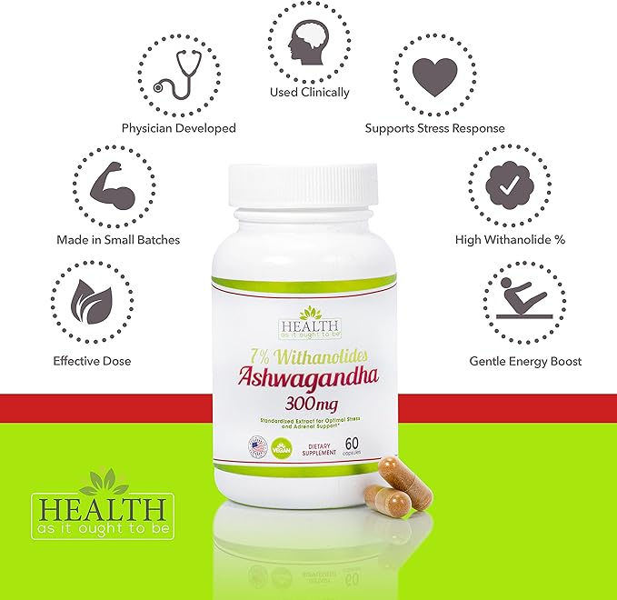 Ashwagandha Capsules with 7% Withanolides | Standardized Extract 300 mg per Capsule | Once-Daily Formula | 60 Count
