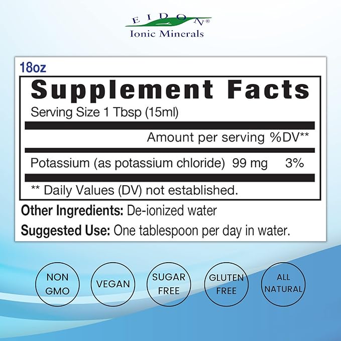 Eidon Liquid Potassium Supplement - Potassium Chloride Drops Essential Electrolyte for Cell Function Bioavailable Ionic Minerals All Natural No-Preservatives or Additives - 18 oz (Pack of 2)