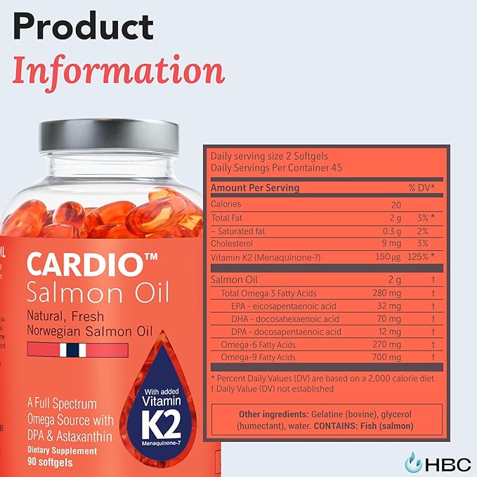 Cardio Omega 3 Fish Oil &amp Vitamin K2-1000mg Norwegian Salmon Oil with EPA DHA DPA &amp Astaxanthin No Fishy Aftertaste Fatty Acids Supplement - 90 Capsules