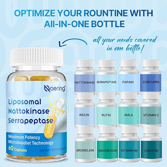 Liposomal Nattokinase 12000 FU Serrapeptase 360000 SPU Enzyme Supplement - Enriched with Synergistic Enzymes and Nutrient Blend &amp Inulin for Circulatory Gut Digestion 60 Capsules (2 Bottle)