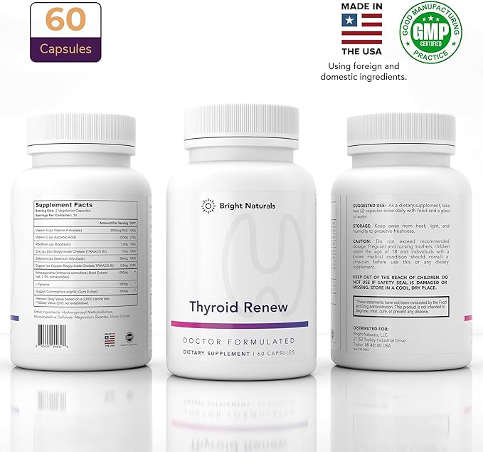 Thyroid Renew Supplement - Thyroid Support for Women with Zinc Selenium Copper Ashwagandha &amp L-Tyrosine - 60 Capsules