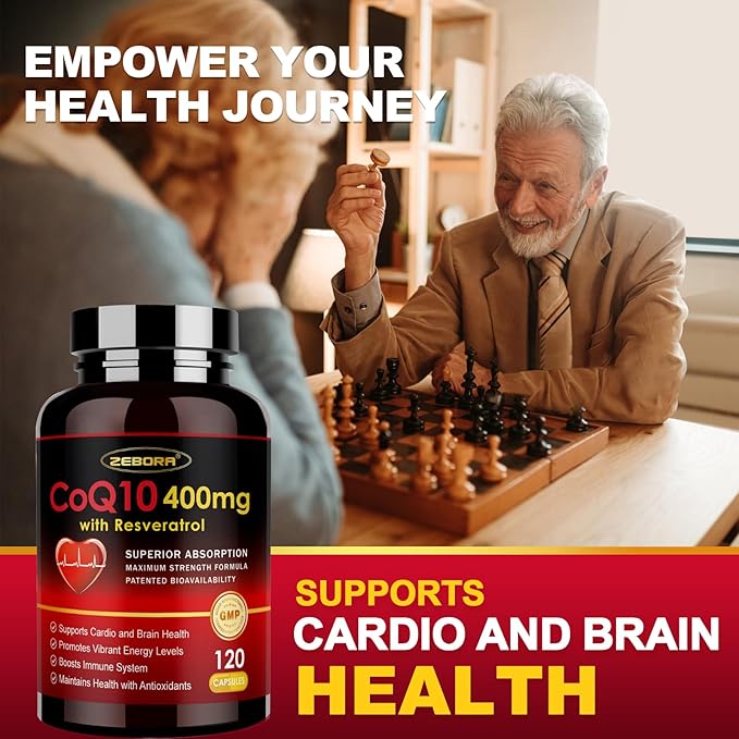 ZEBORA CoQ10-400mg with Trans-Resveratrol PQQ &amp Vitamin E - High Absorption Coenzyme-Q10 with BioPerine - Powerful Antioxidant for Heart &amp Energy-Production120 Veggie Capsules