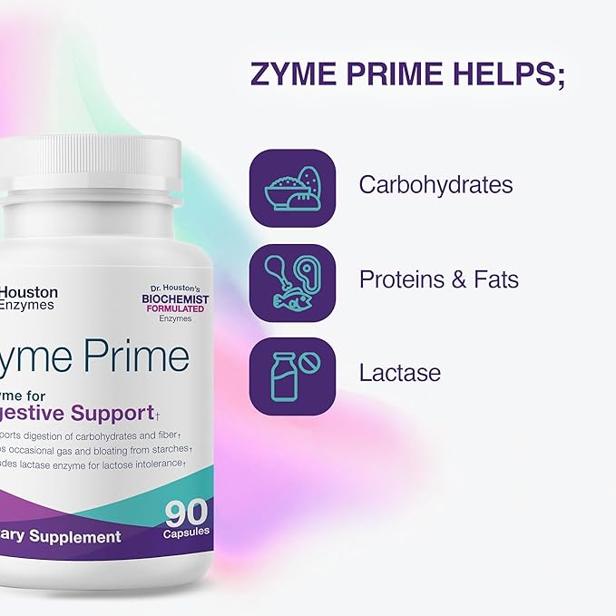 Houston Enzymes - Zyme Prime - 90 Capsules - Digestive Enzymes Women &amp Men Enzyme Digestion for Carb Fat &amp Protein Breakdown Helps Intolerances Bloating &amp Gas Digestive Health Supplem