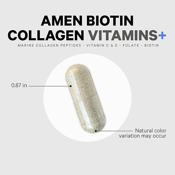 Amen Biotin Collagen Vitamins+ 10000 mcg Biotin Supplement - Hydrolyzed Collagen Vitamins C &amp E Folate Hyaluronic Acid Keratin MSM Saw Palmetto - 3-Month Supply - Non-GMO - 90 Capsules