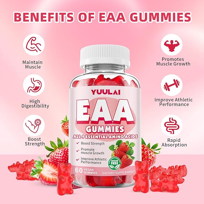 Pack of 2 EAA Gummies Essential Amino Acids - All 9 Essential Aminos (EAA) and All Branched-Chain Aminos (BCAAs) for Muscle Recovery Energy Support Strawberry Flavor 120 Count