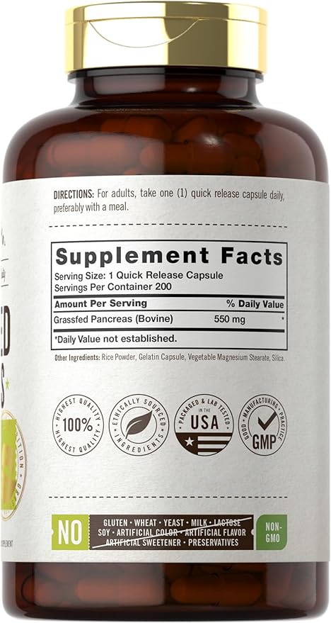 Carlyle Grass Fed Beef Pancreas | 550mg | 200 Capsules | Desiccated Pasture Raised Bovine Supplement | Non-GMO Gluten Free | by Herbage Farmstead