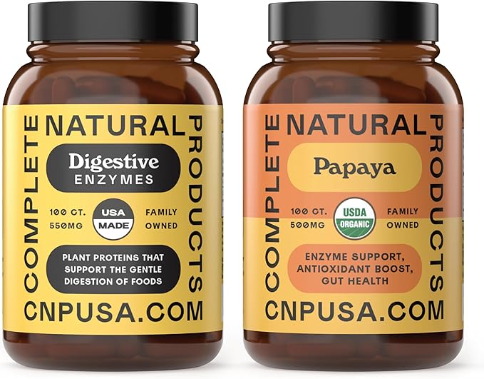 Complete Natural Products Organic Papaya Enzymes 100 Capsules &amp Digestive Enzymes 100 Capsules Bundle