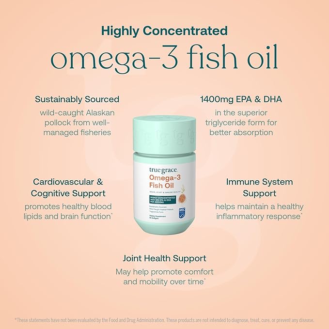 True Grace Omega-3 Fish Oil - 60 Softgels - 1400 mg EPA + DHA - Brain Heart Joint &amp Immune Health - Organic Gluten Free Soy Free