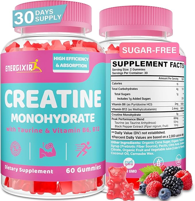 Creatine for Women Creatine Monohydrate Gummies - No Bloating - Pre and Post Workout Chewables Supplement with Taurine &amp B6 - for Recovery Strength Energy &amp Booty Performance 60 Counts
